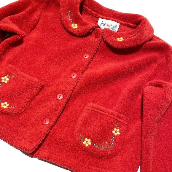 vintage Fleece Alpine Floral Peter Pan Collar Red Cardigan Jacket - Picture 2 of 4